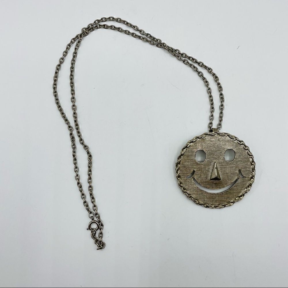 Vintage Silver Smiley Face Necklace on Long Chain